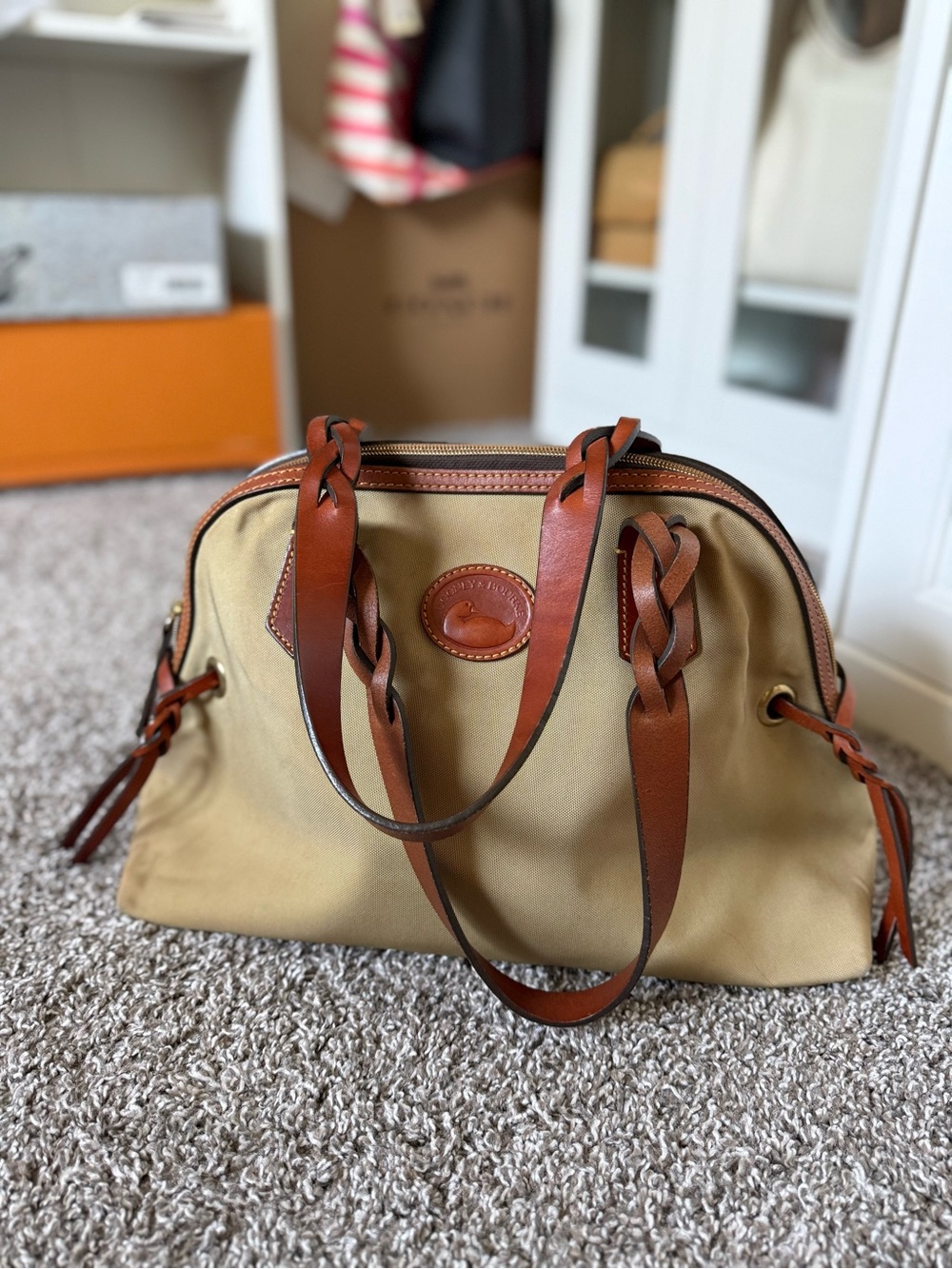 Dooney & Bourke Tan Canvas Satchel with Brown Leather Braided Handles